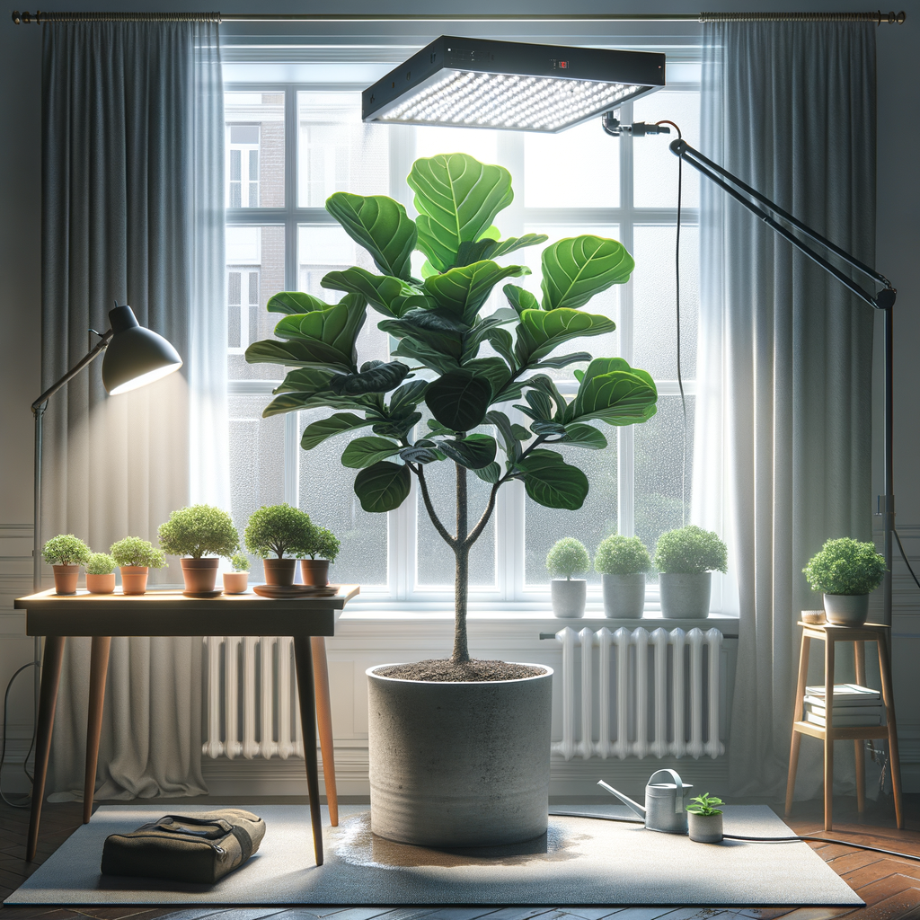 Indoor fiddle leaf fig tree meeting light and water requirements, demonstrating best light for fiddle leaf fig, where to place grow light, and how a fig tree can survive in low light but thrive in brighter conditions indoors.