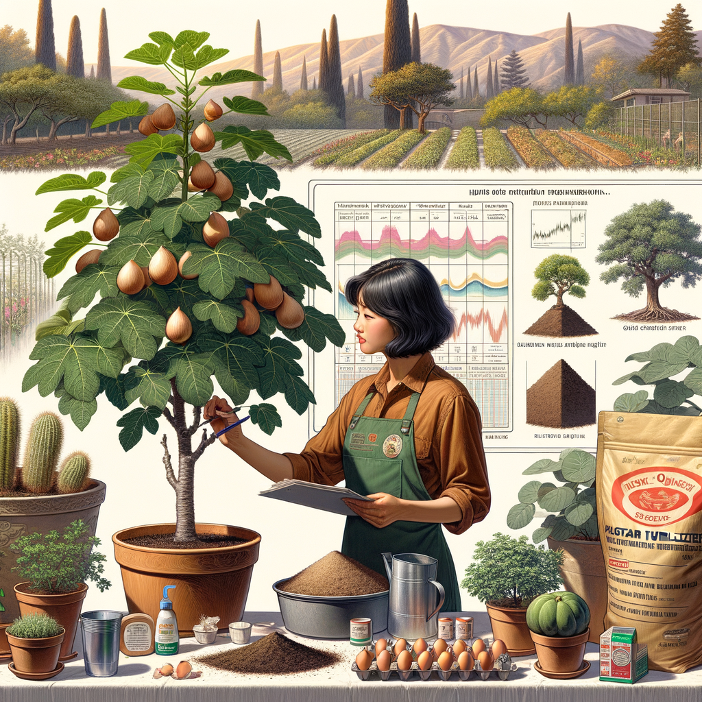 Professional gardener demonstrating how to fertilize fig trees in pots using homemade fertilizer and eggshells, with a variety of fig tree fertilizers from Home Depot and Amazon, best soil for fig trees, and a guide on fig tree fertilizer ratio, in a Californian setting indicating when to fertilize fig trees in California, with a lush indoor fig tree showcasing the benefits of proper fertilization.